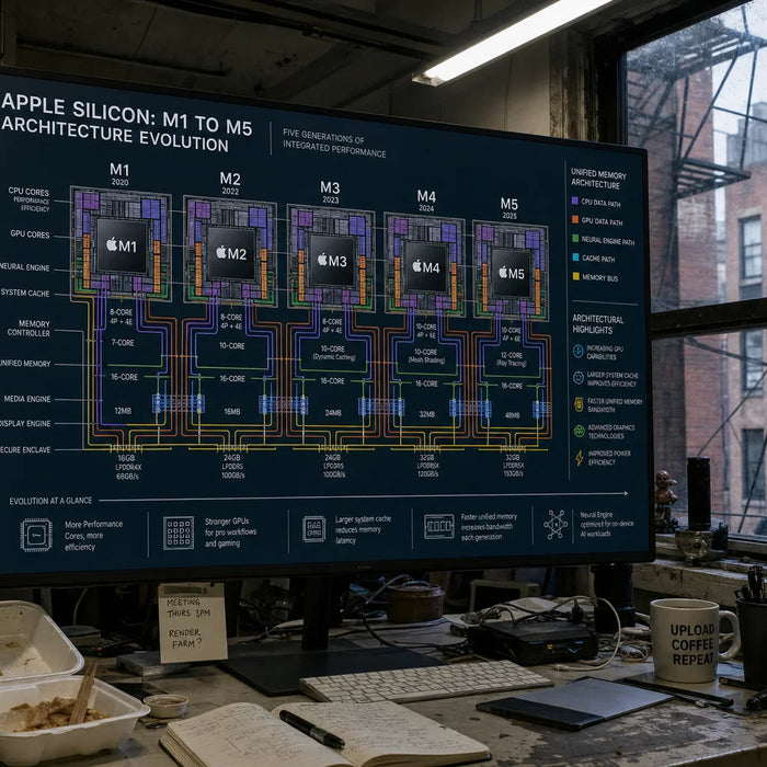 Photo-realistic product photograph illustrating from m1 to m5: the evolution of apple’s unified memory and gpu performance — tech blog image by Computer Overhauls