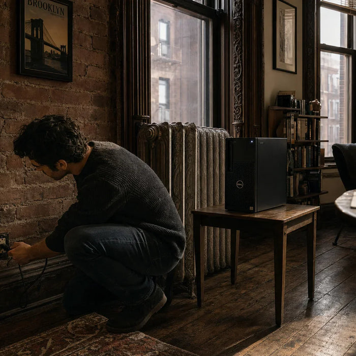 Photo-realistic product photograph illustrating refurbished desktops for brownstones and pre-war apartments: outlet power and noise limits — tech blog image by Computer Overhauls
