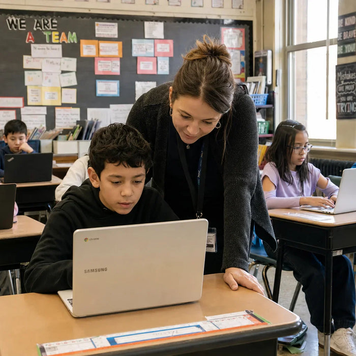 Photo-realistic product photograph illustrating nyc schools and nonprofits choose refurbished computers over new — tech blog image by Computer Overhauls