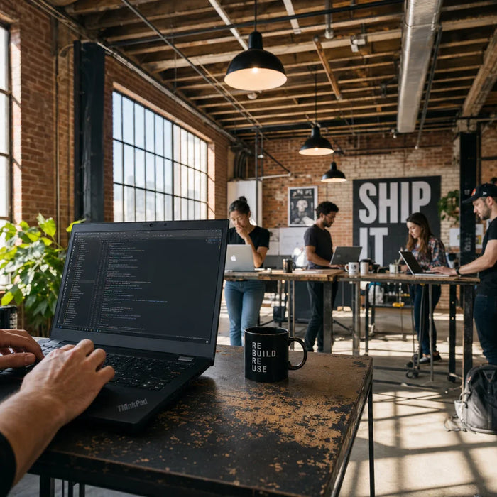 Photo-realistic product photograph illustrating how brooklyn startups outfit engineering teams with refurbished hardware — tech blog image by Computer Overhauls
