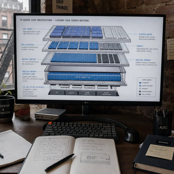 Photo-realistic product photograph illustrating under the hood: decoding the architecture of apple's m-series chips — tech blog image by Computer Overhauls