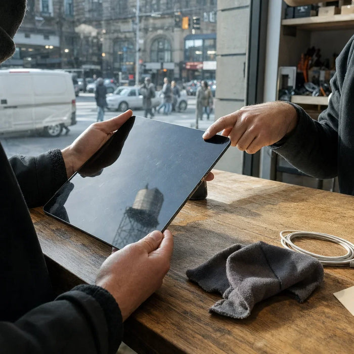 Photo-realistic product photograph illustrating "nyc guide to buying a used ipad pro: what to check" — tech blog image by Computer Overhauls
