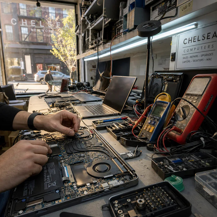 Photo-realistic product photograph illustrating behind the scenes: how computer overhauls tests every refurbished computer — tech blog image by Computer Overhauls