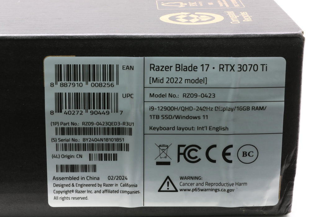 Brand New! 17.3" 240Hz Razer Blade 17 Rz09-0423, i9-12900H, 16GB, 1TB SSD, RTX 3070 Ti