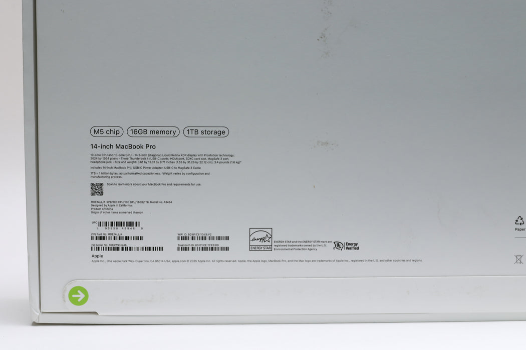 14" 2025, MacBook Pro, MDE14LL/A, Apple M5, 16GB, 1TB SSD, 10C