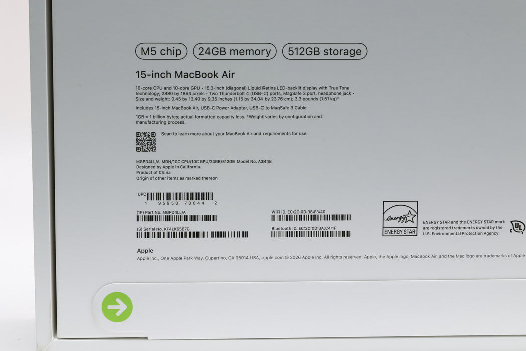 2026 15" MacBook Air M5 10C, 24GB, 512GB