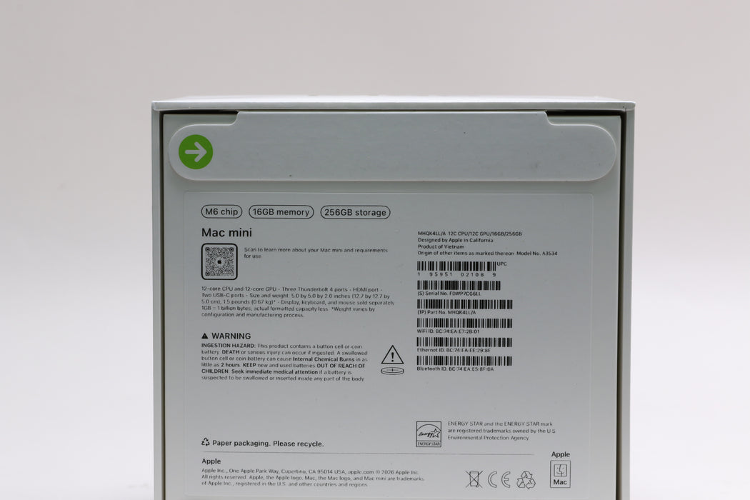 2026, Mac Mini, MHQK4LL/A, Apple M6, 16GB, 256GB SSD, 12C