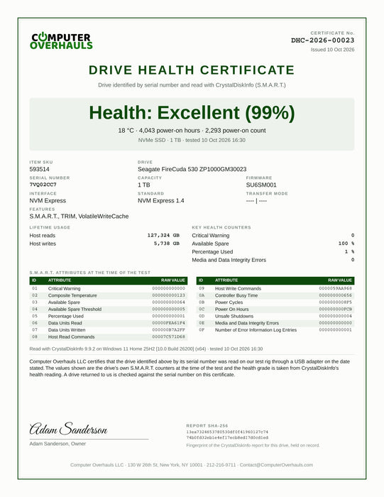 Seagate FireCuda 530 1TB NVMe M.2 2280 SSD, 99% Health!
