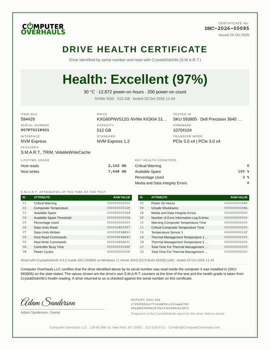 KIOXIA XG6 512GB PCIe Gen3 x4 NVMe M.2 2280 SSD, 97% Health!