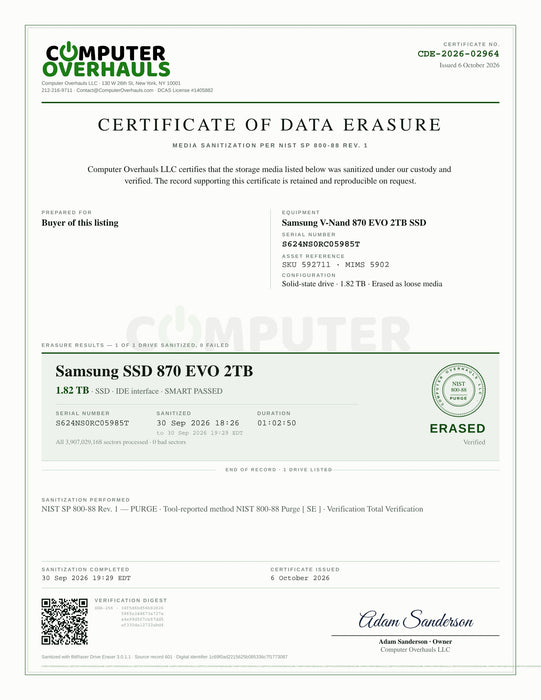 Samsung 870 EVO 2TB SATA III 2.5 in SSD, 100% Health!