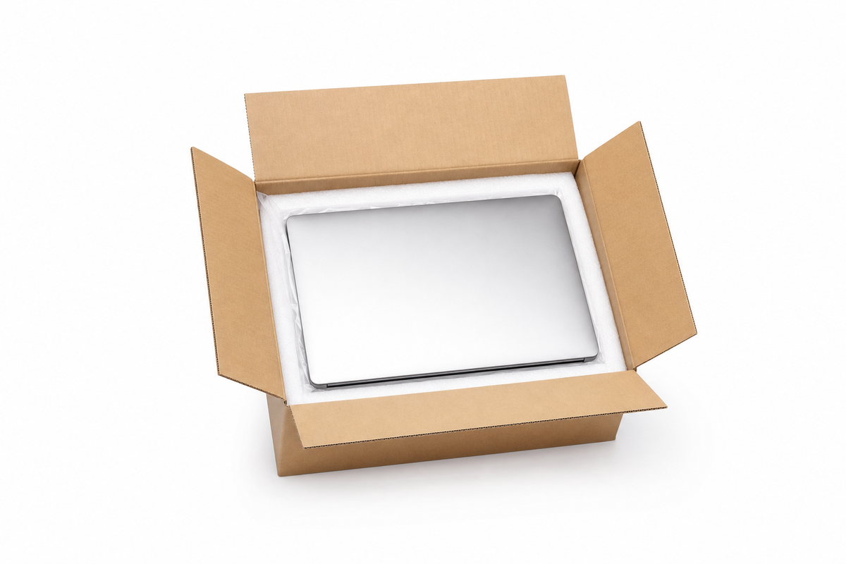 Refurbished laptop packed in a shipping box with protective padding