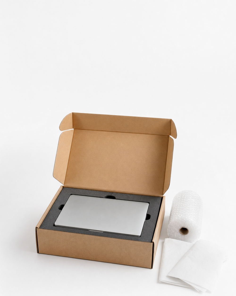 A laptop seated in a foam-fitted shipping box beside bubble cushioning, ready to be sealed