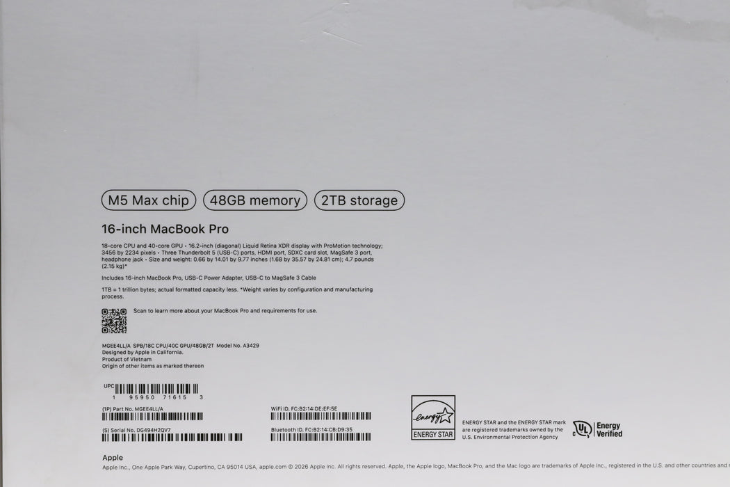 Brand New! 16" 2026, MacBook Pro, MGEE4LL/A, Apple M5 Max, 48GB, 2TB SSD, 40C