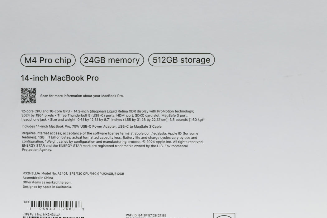 14.2" 2024, MacBook Pro, MX2H3LL/A, Apple M4 Pro, 24GB, 512GB SSD